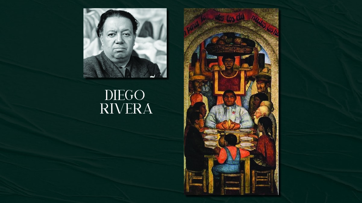 Famous painter Diego Rivera's self portrait and his famous painting on display. The text reads Diego Rivera.