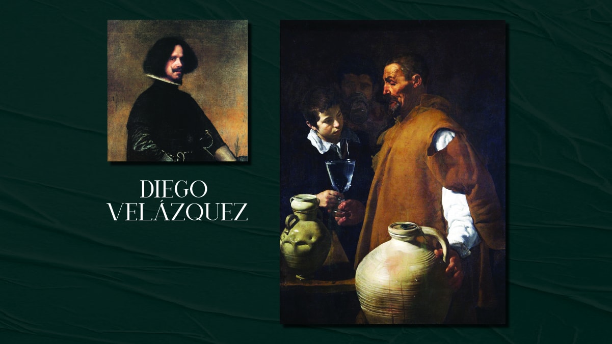 A famous painting by Diego Velazquez called The Waterseller of Seville and a self portrait of him on display. The text reads Diego Velazquez.