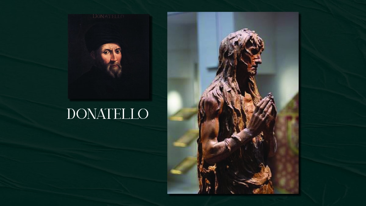 A famous sculpture by Donatello and a self portrait of himself on display. The text reads Donatello.