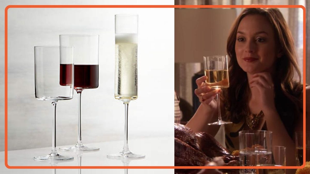 a chic square shaped wine glass also shown in the hands of Blair Waldorf in Gossip Girl