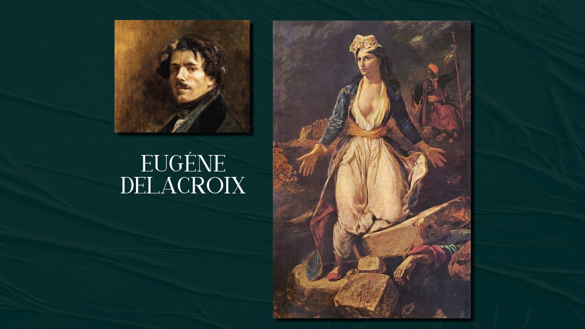 A famous painting by Eugene Delacroix called Greece On The Ruins Of Missolonghi and a self portrait of him on display. The text reads Eugene Delacroix.
