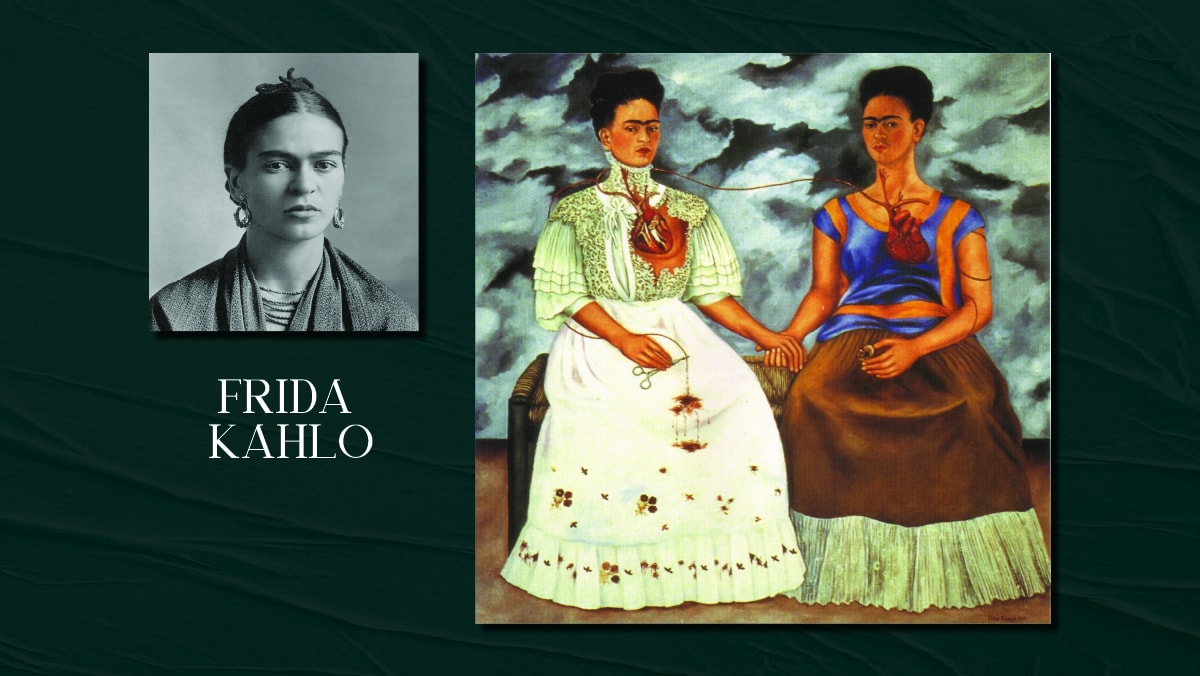 A famous painting by Frida Kahlo called The Two Fridas and a self portrait of her on display. The text reads Frida Kahlo.