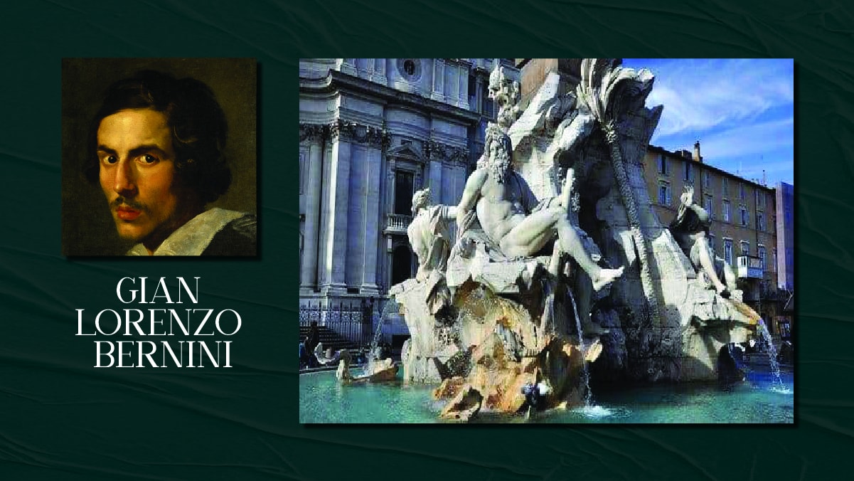 A famous sculpture by Gian Lorenzo Bernini and his self portrait on display. The text reads Gian Lorenzo Bernini