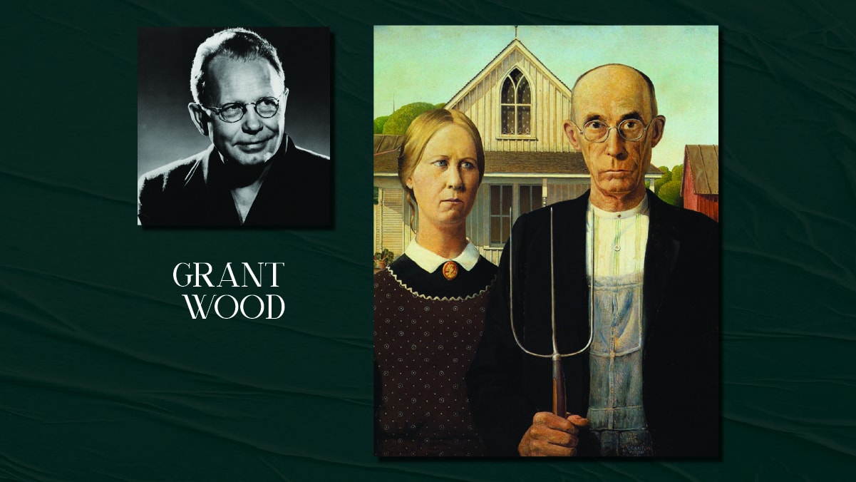 Famous painter Grant Woods's self portrait and his famous painting American Gothic on display. The text reads Grant Wood