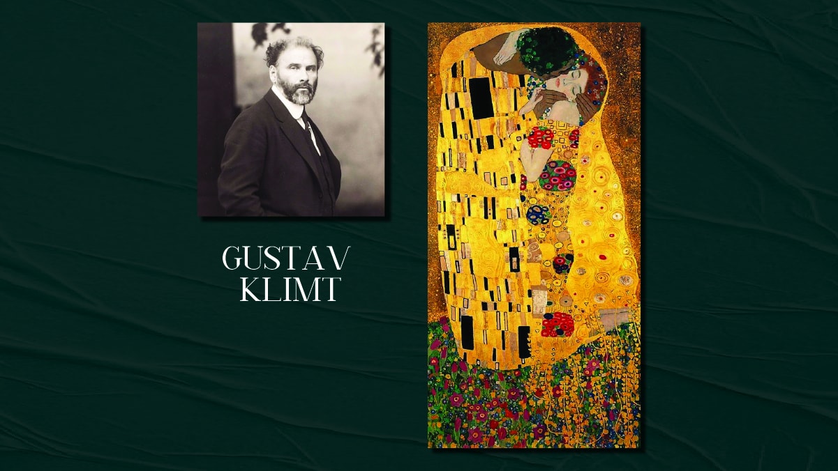 Famous painter Gustav Klimt's self portrait and his famous painting The Kiss on display. The text reads Gustav Klimt.