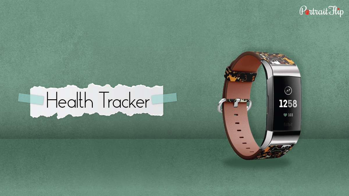 a health tracker with dog photos printed on the straps. 