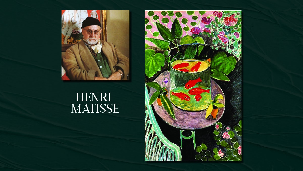 Famous painter Henri Matisse's self portrait and his famous painting called The Goldfish on display. the text reads Henri Matisse