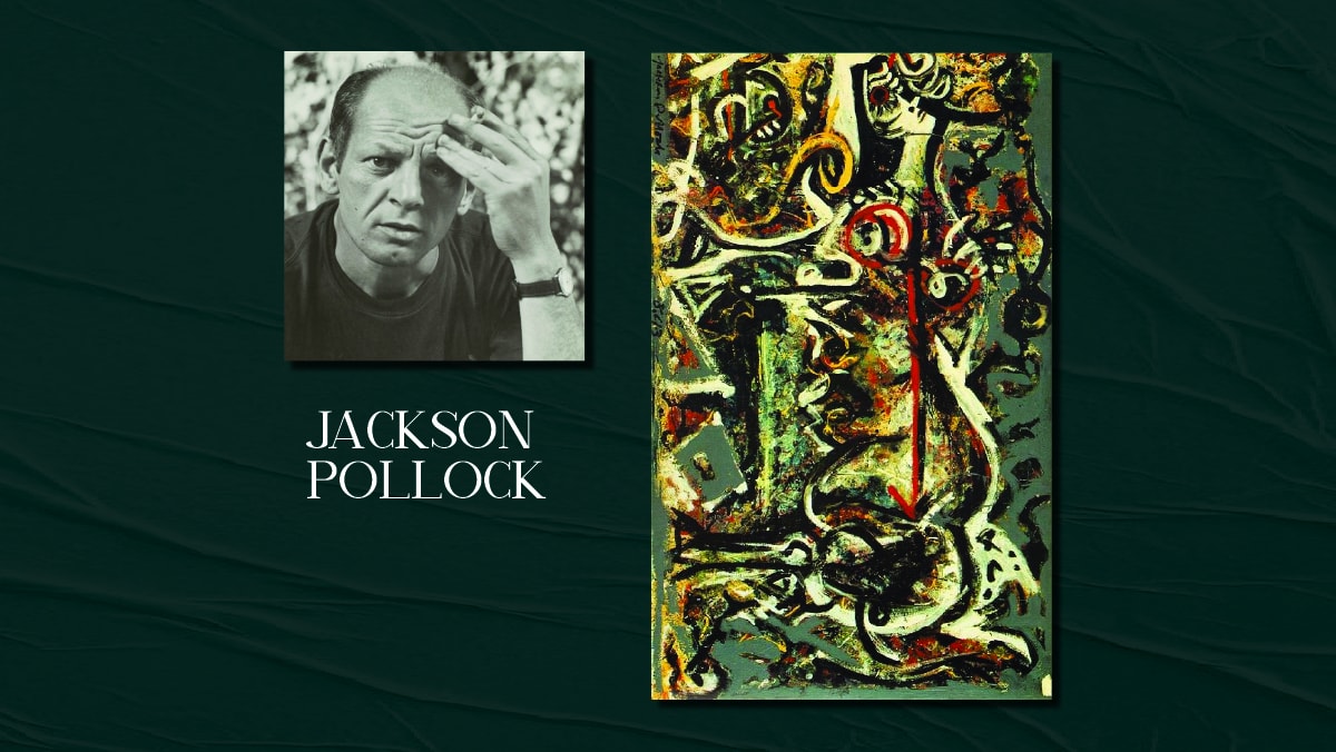 A famous painting by Jackson Pollock called The She-Wolf and self portrait of him on display. the text reads Jackson Pollock.