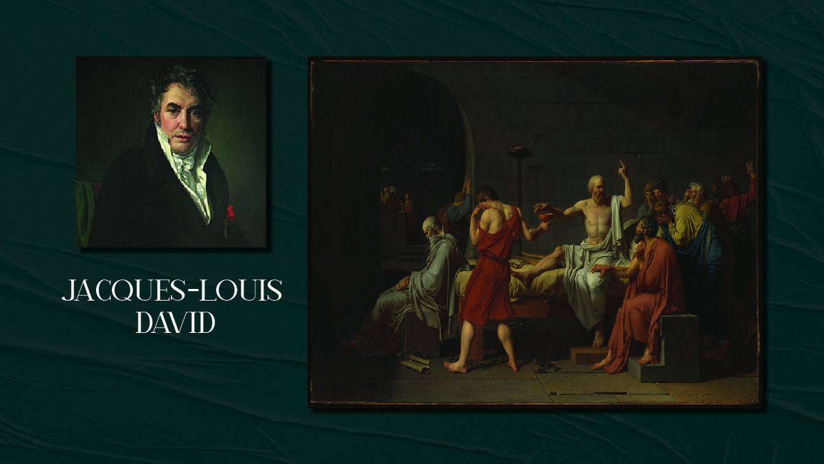 A famous painting by Jacques Louis called The Death of Socrates and a self portrait of him on display. The text reads Jacques Louis David.