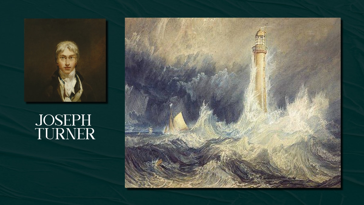A famous painting by Joseph Tuner called Bell Rock Lighthouse and a self portrait of him on display. The text reads Joseph Turner.