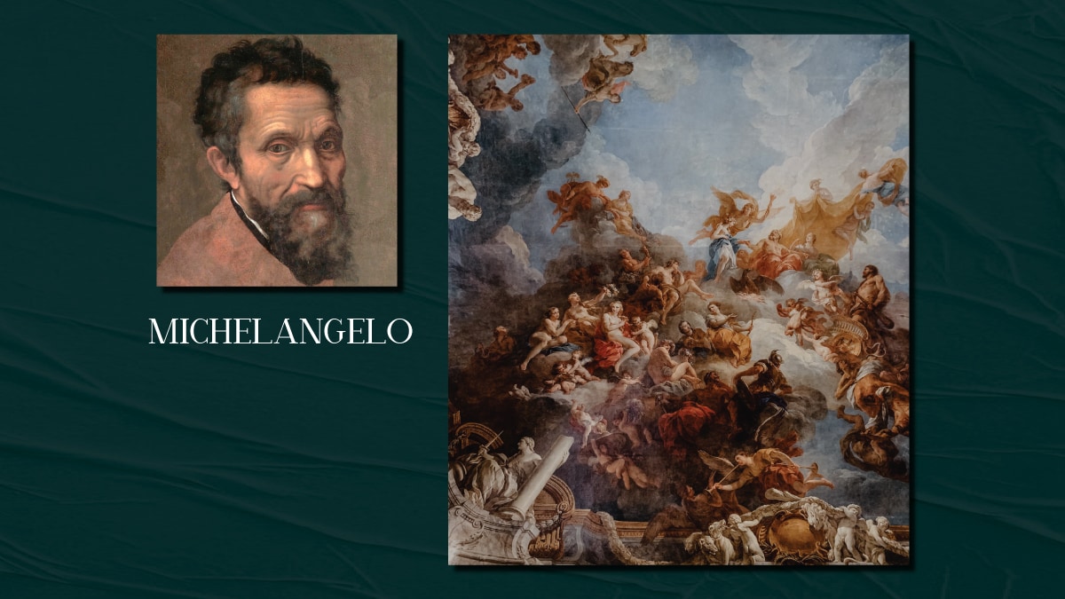 A famous painting by Michelangelo and his self portrait on display. The text reads Michelangelo. 