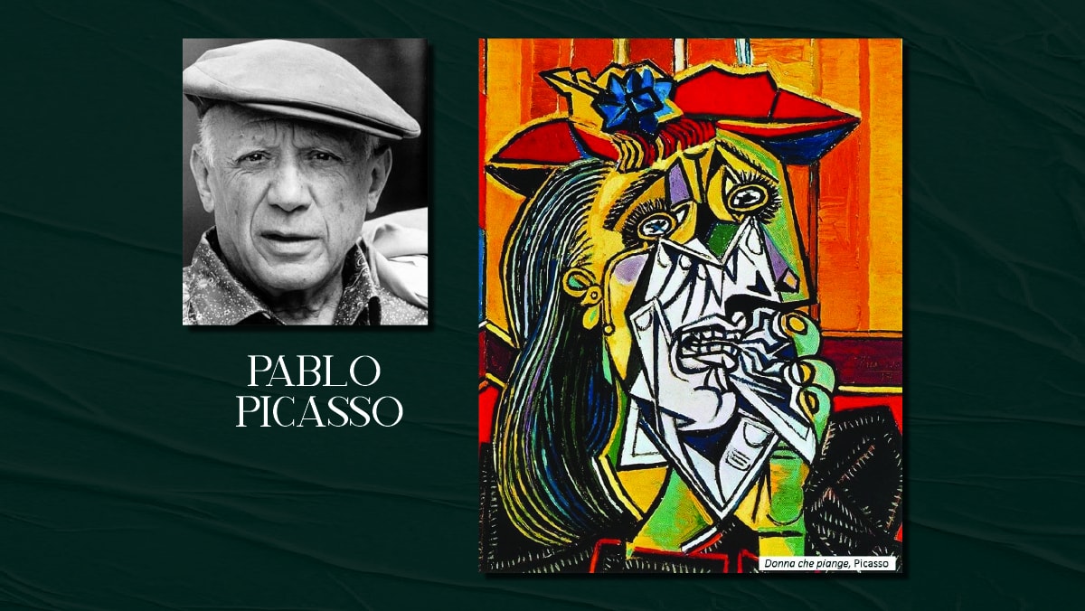 A famous painting by Pablo Picasso called The Weeping Woman and a self portrait of him on display. the text reads Pablo Picasso.
