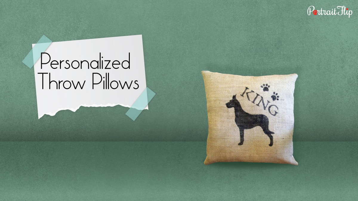 a throw pillows with a dog photo printed on it. 