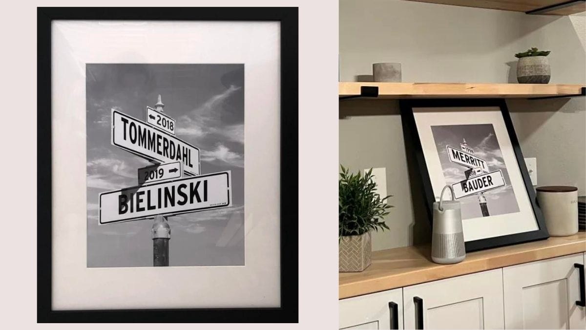 a personalized intersection print made with names of the wedded couple
