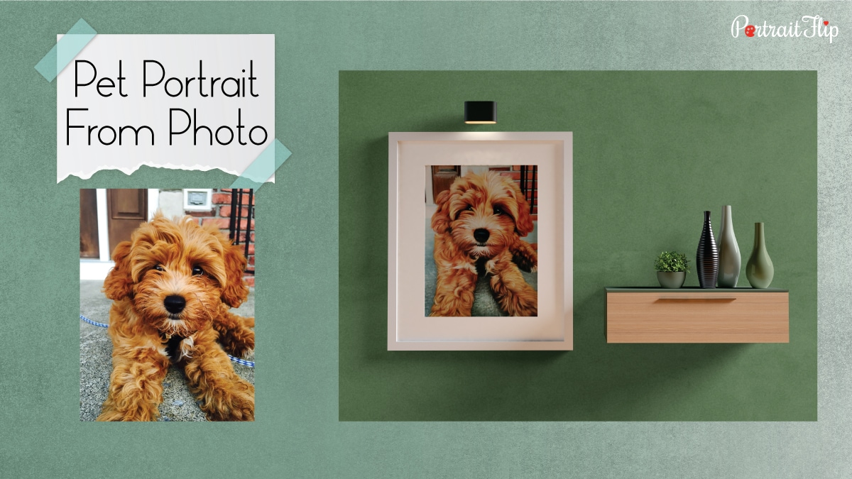 a pet portrait by PortraitFlip is mounted on the green wall