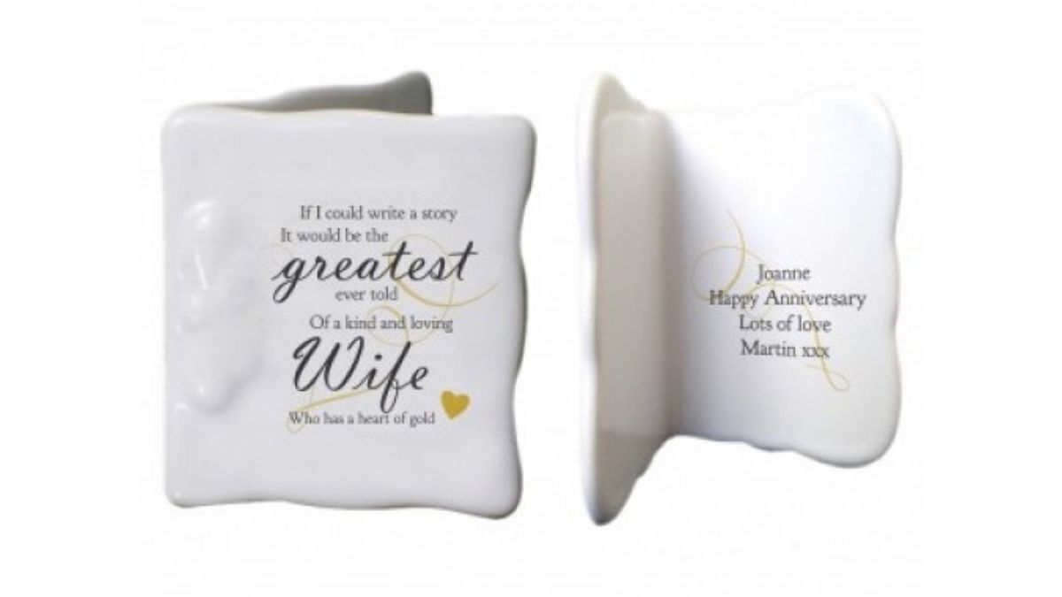 an anniversary card that is made of white bone china that can be given to someone on their anniversary
