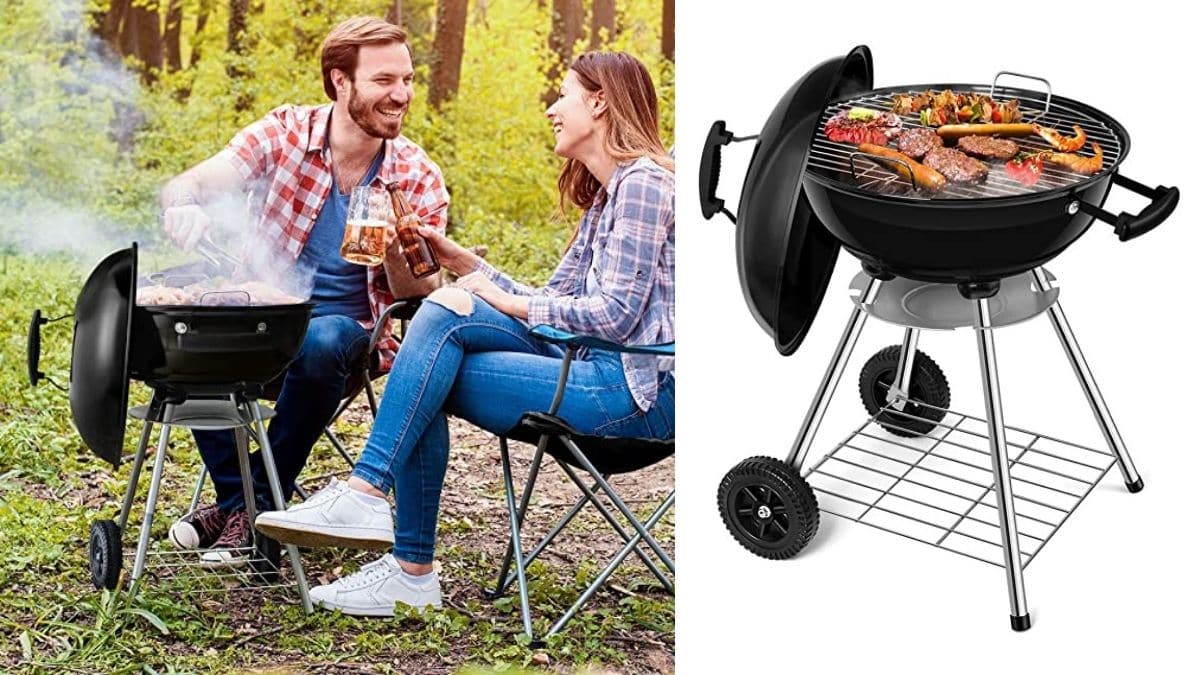 a couple shown enjoying a barbecue with the help of a portable charcoal griller