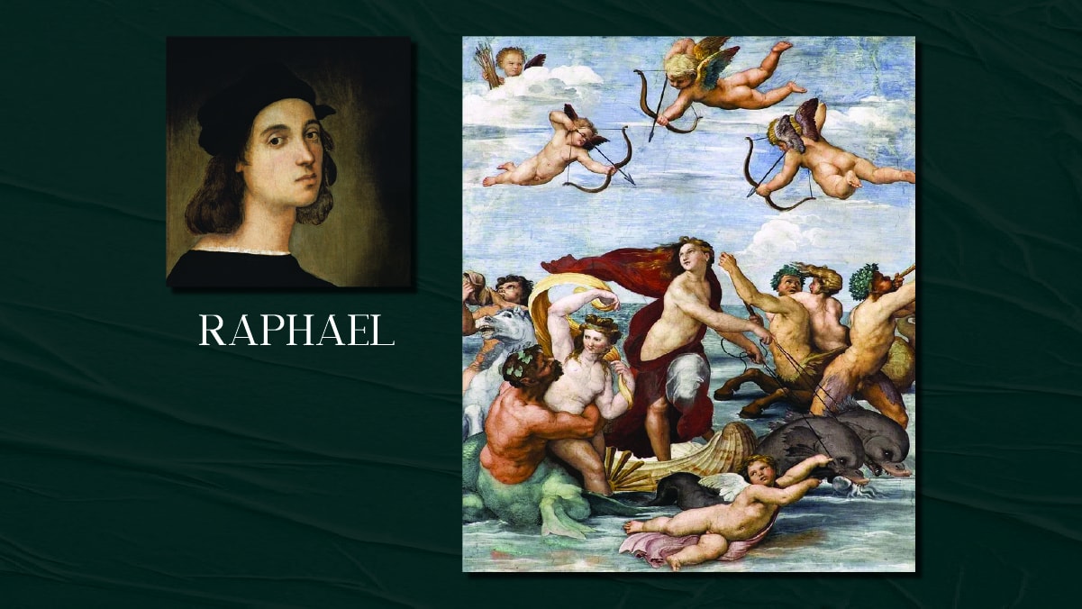 A famous painting by Raphael called The Triumph of Galatea and his self portrait on display. The text reads Raphael.