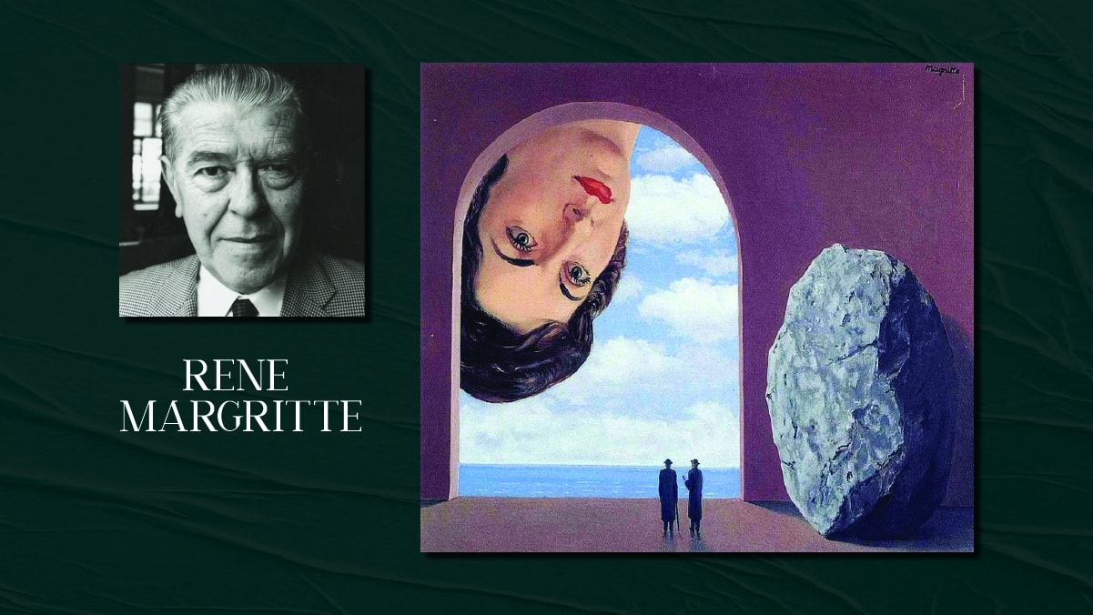 Famous painter Rene Margritte's self portrait and his famous painting portrait of stephy langui on display. The text reads Rene Margritte.