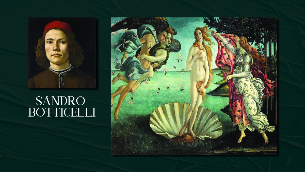 A famous painting called Birth of Venus by Sandro Botticelli and a self portrait of himself. The text reads Sandor Botticelli.