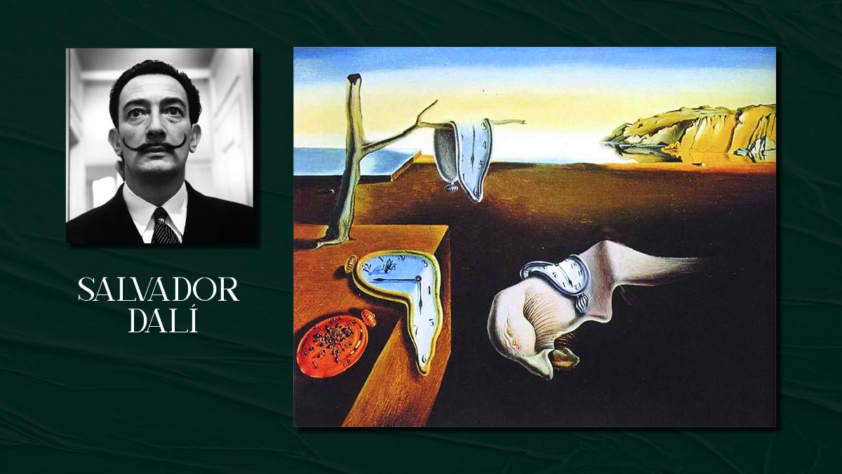 A famous painting by Salvador Dali called The Persistence of Memory and a self portrait of him on display. the text reads Salvador Dali.