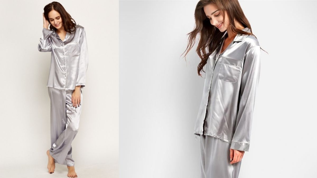 a woman donning a silver silver night suit