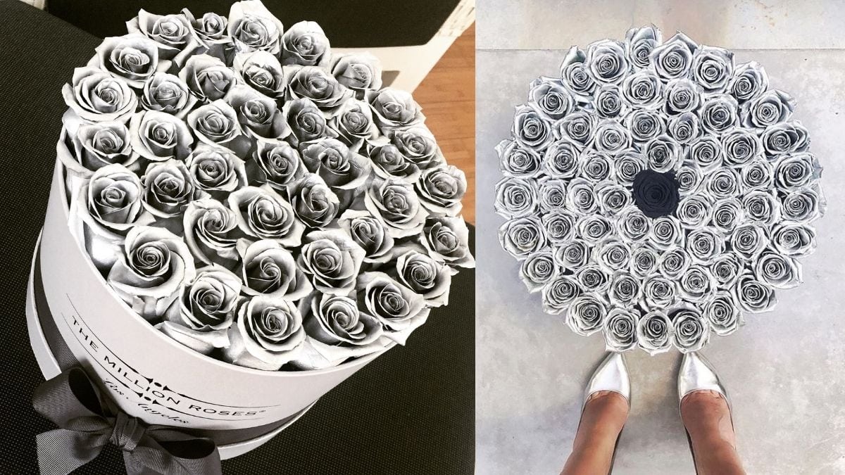 a bouquet of silver roses that can be given as one of the personalized anniversary gifts for her