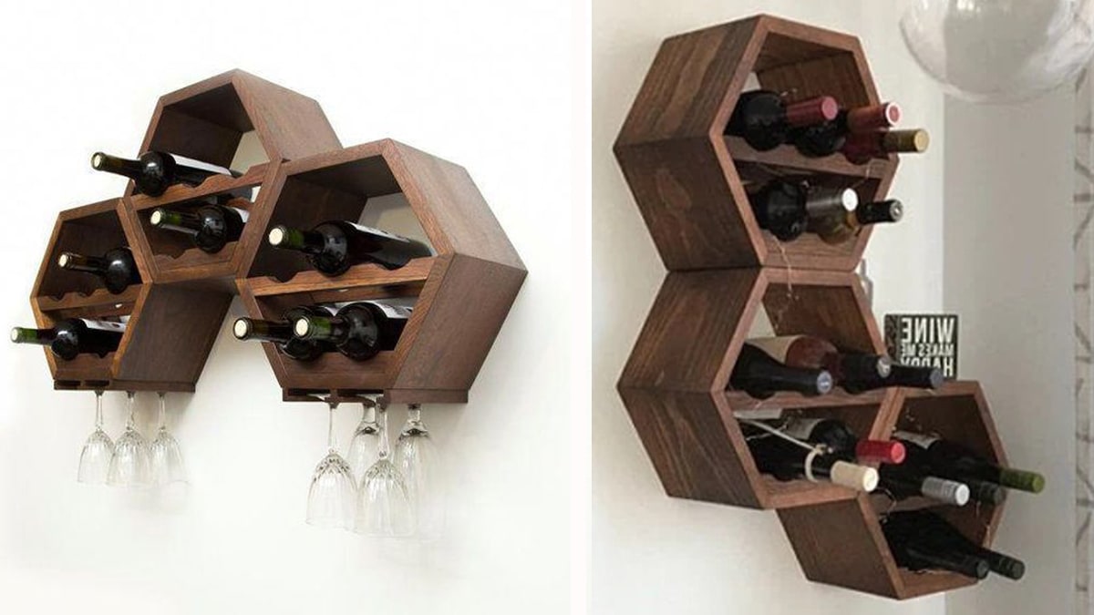 ski wine rack mounted on a white wall