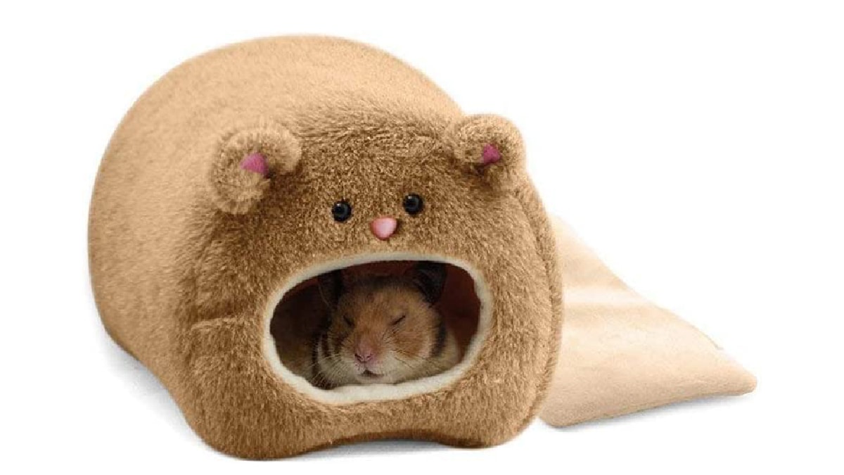 a hamster sleeping in a hamster bed
