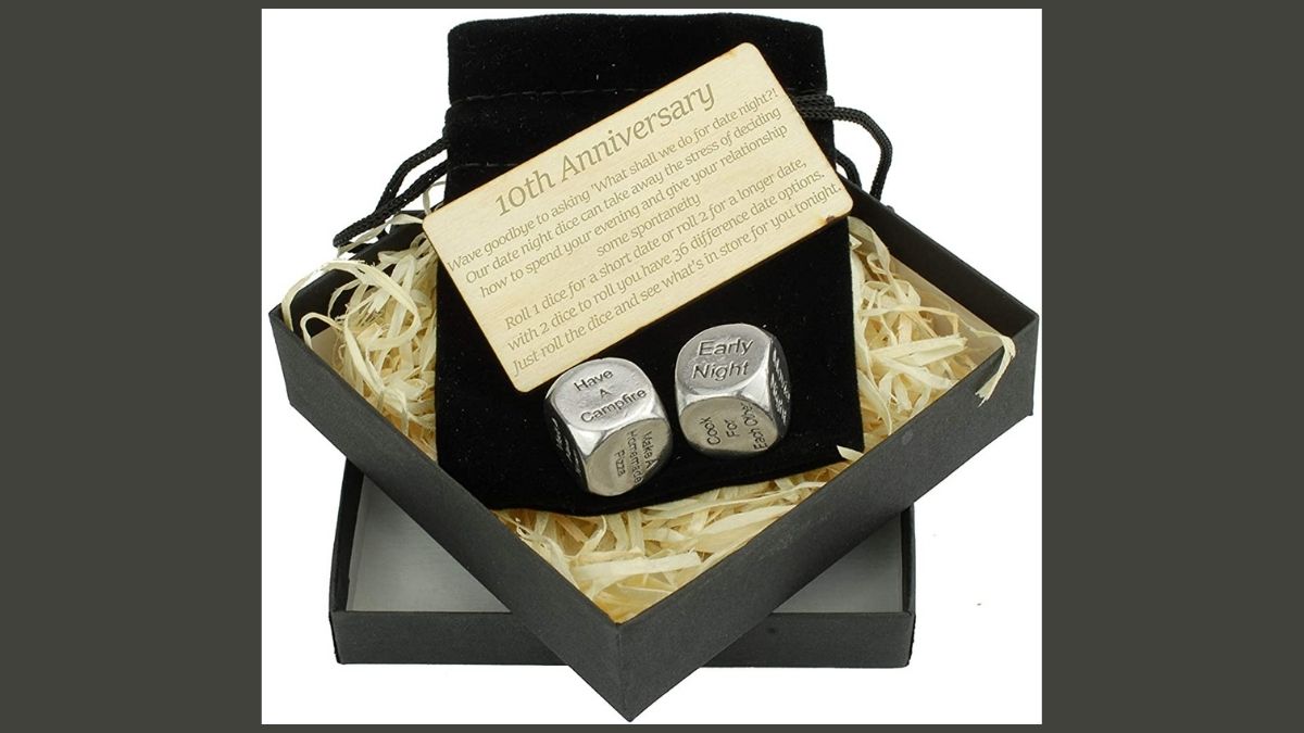 tin dice with ideas for date night that can be given to someone on her 10th anniversary or tin anniversary