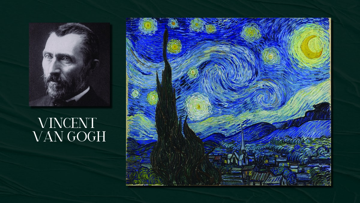 A famous painting by Vincent Van Gogh called the Starry Night and a self portrait of him on display. The text reads Vincent Van Gogh.