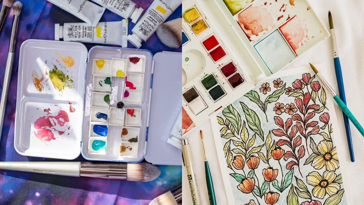 On the left; watercolor pans or watercolor cakes on a white table. On the right: a closeup shot of watercolor tubes in a box. 