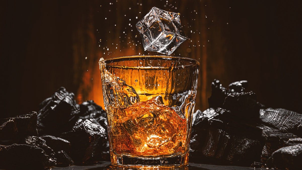 a whiskey glass with some ice cubes over its rim.