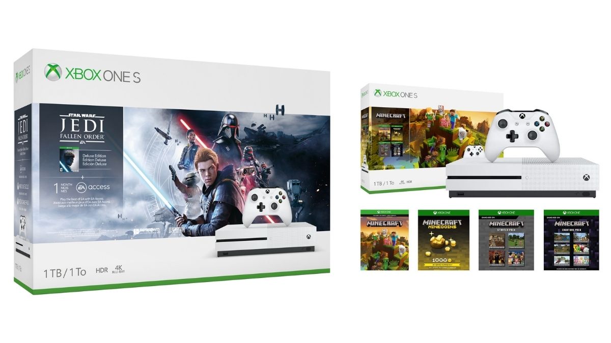 an x-box one s bundle shown with multiple games and a console