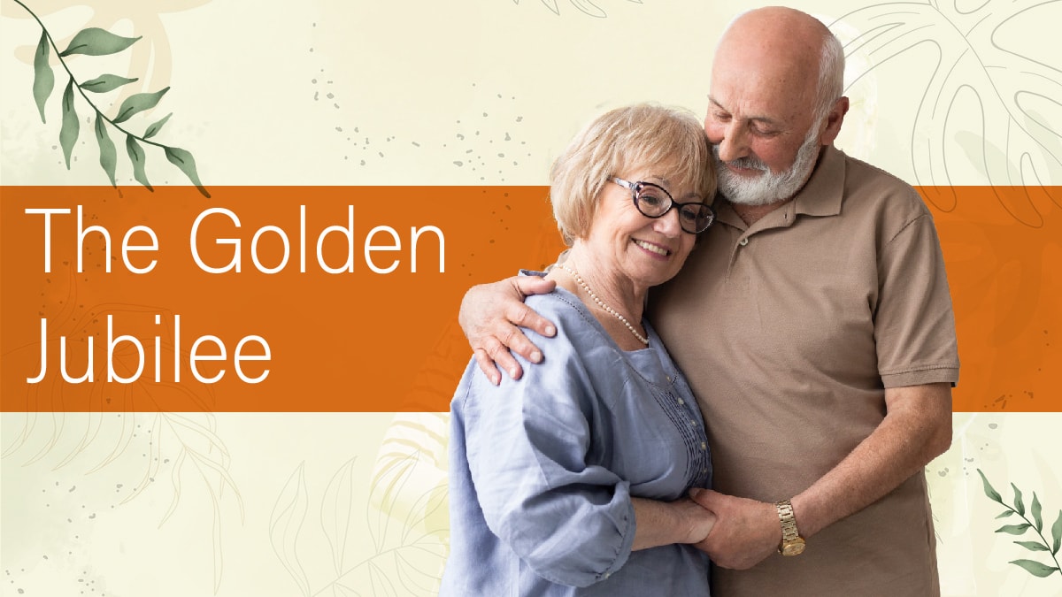 a man and woman representing a couple that has been wedded for 50 years and the words the golden jubilee written on it