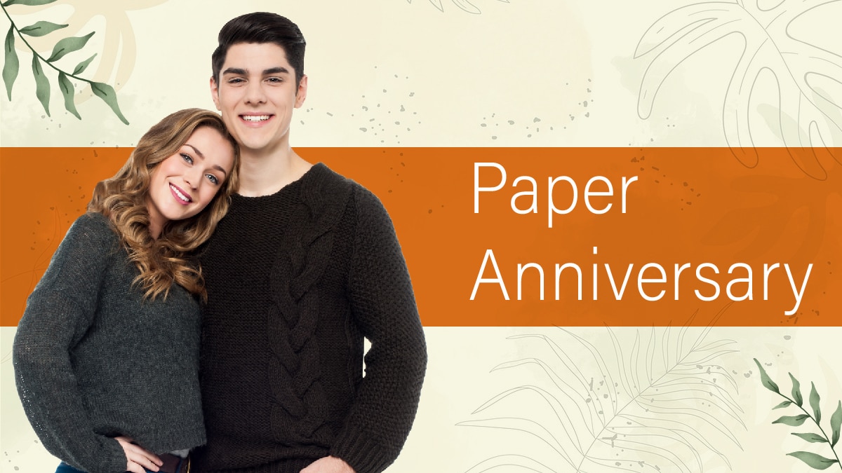 a man and woman representing a newly wed couple and the words paper anniversary written on it