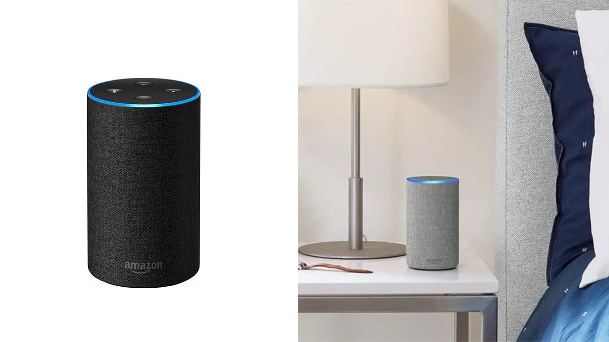 Amazon smart speaker on the sidetable.