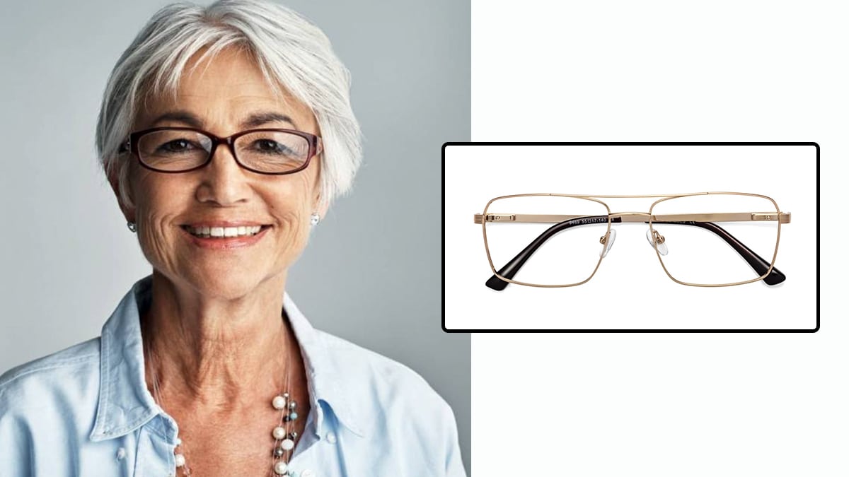 an old lady with a blue light filter glasses