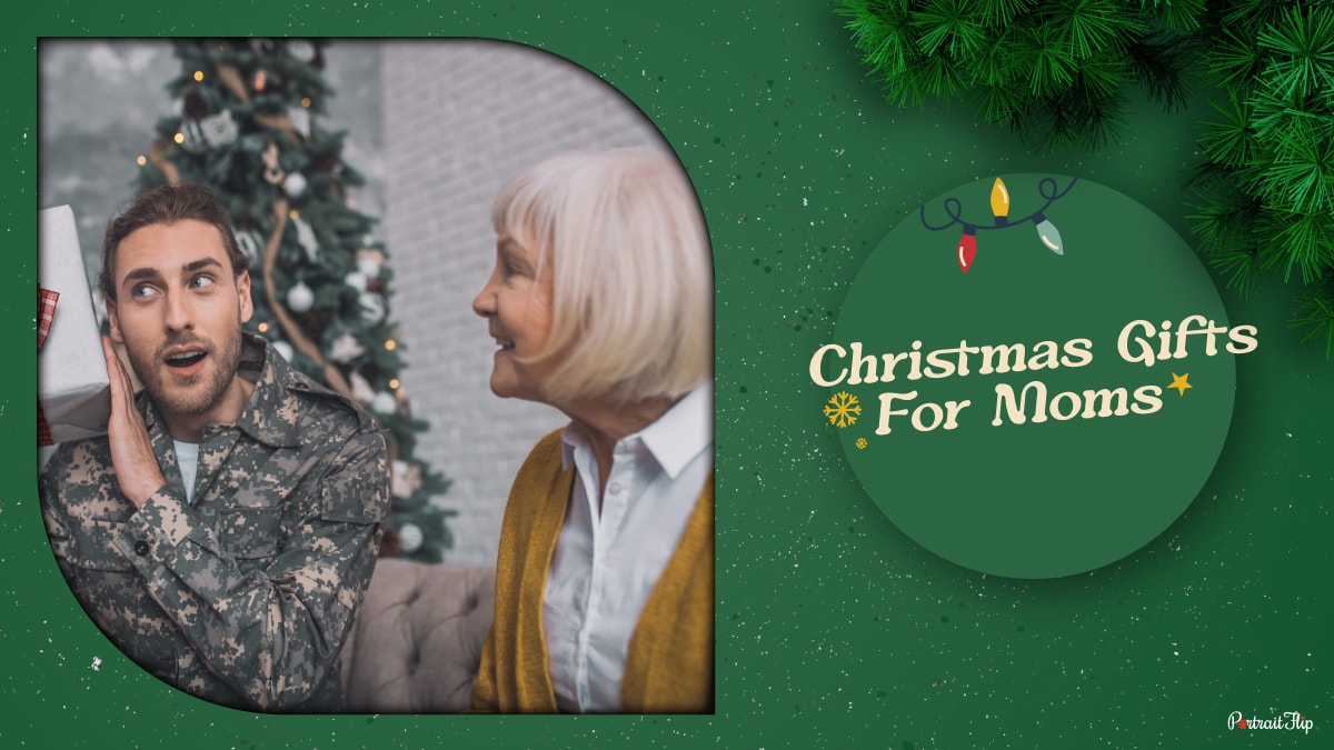 Young man in camouflage uniform giving a gift to mom