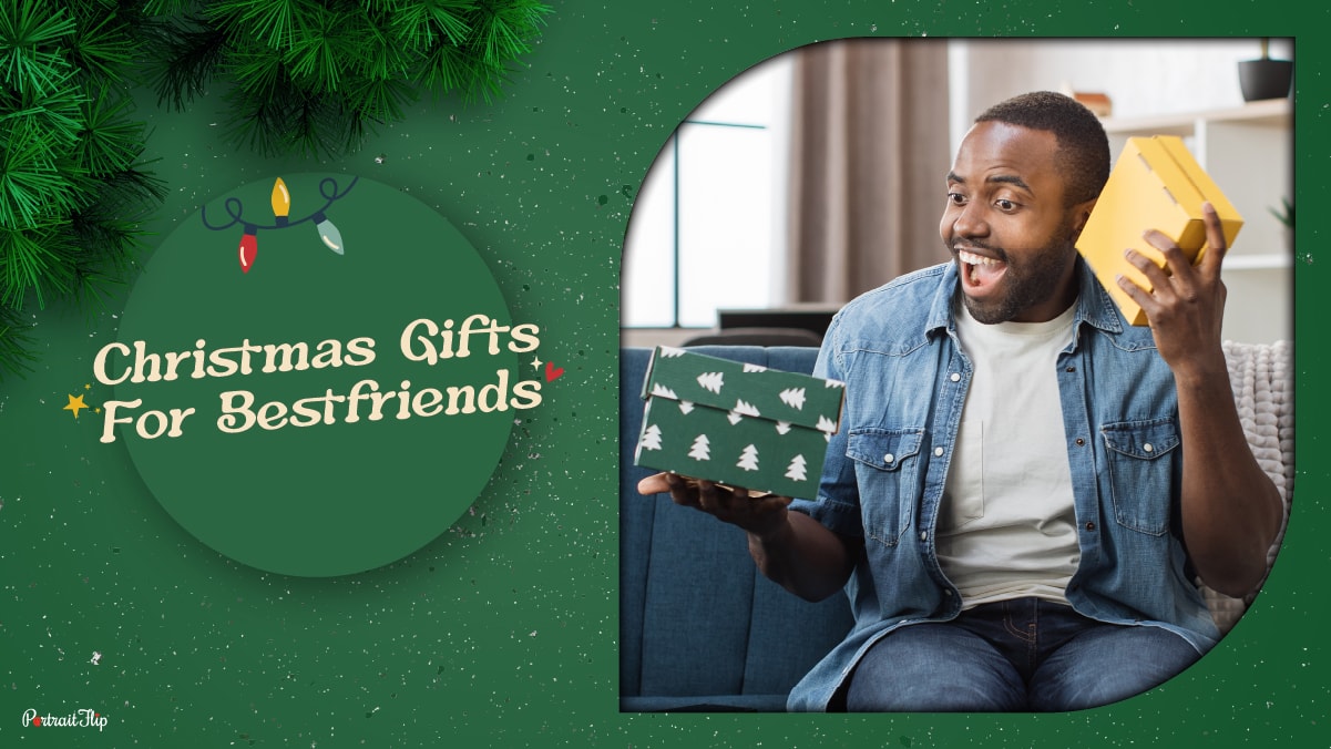 Excited guy opening gift boxes on couch