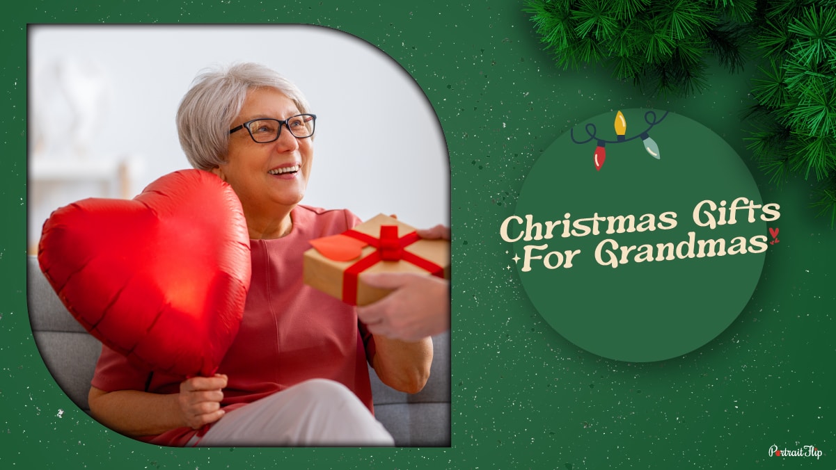 an elderly lady is receiving a Christmas gift