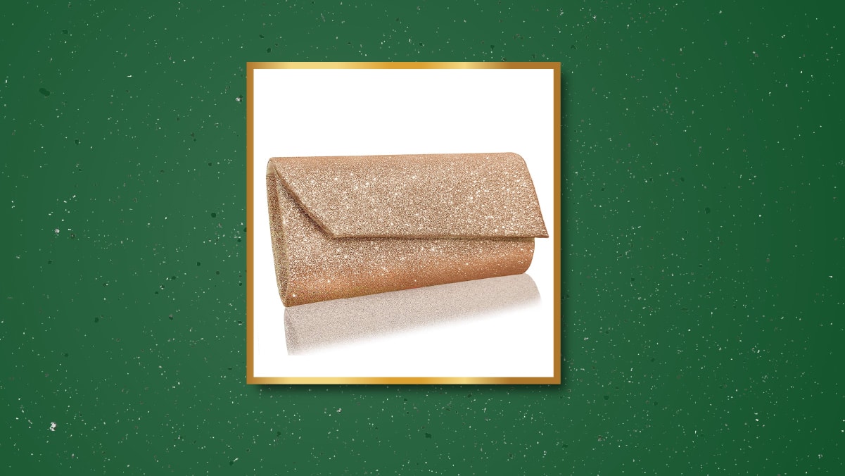 a gold glitter clutch