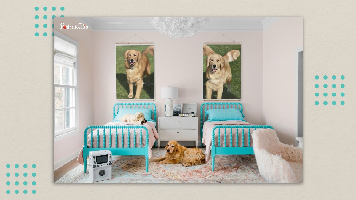 a dog portrait mounted on the wall of dog room