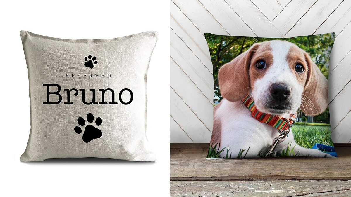a customised pillow with a dog photo on one side and its name on another side