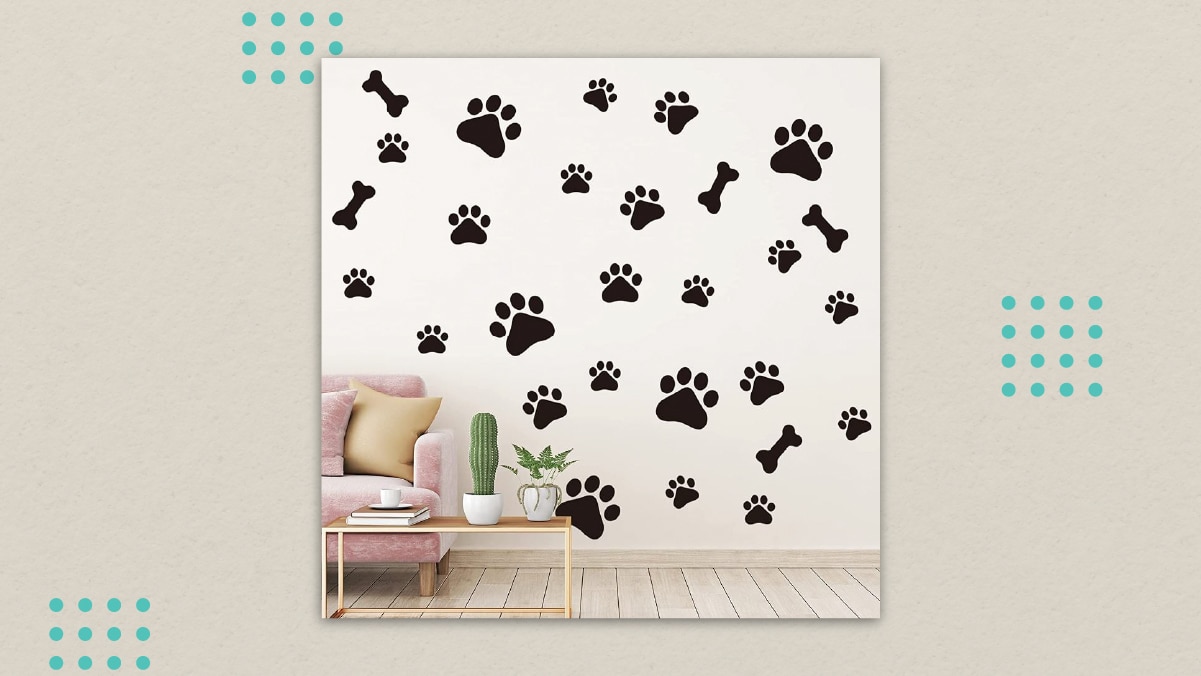 A wall covered by prints of dog paws and bones