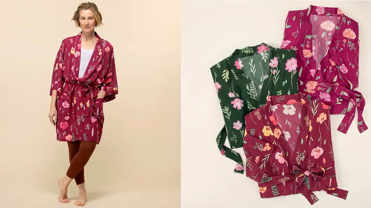 an old lady with a floral designed bathrobe