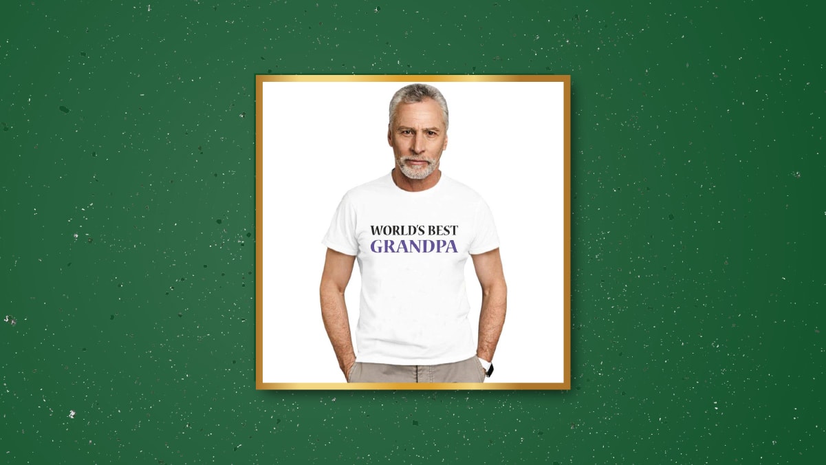an elderly man in a white t-shirt