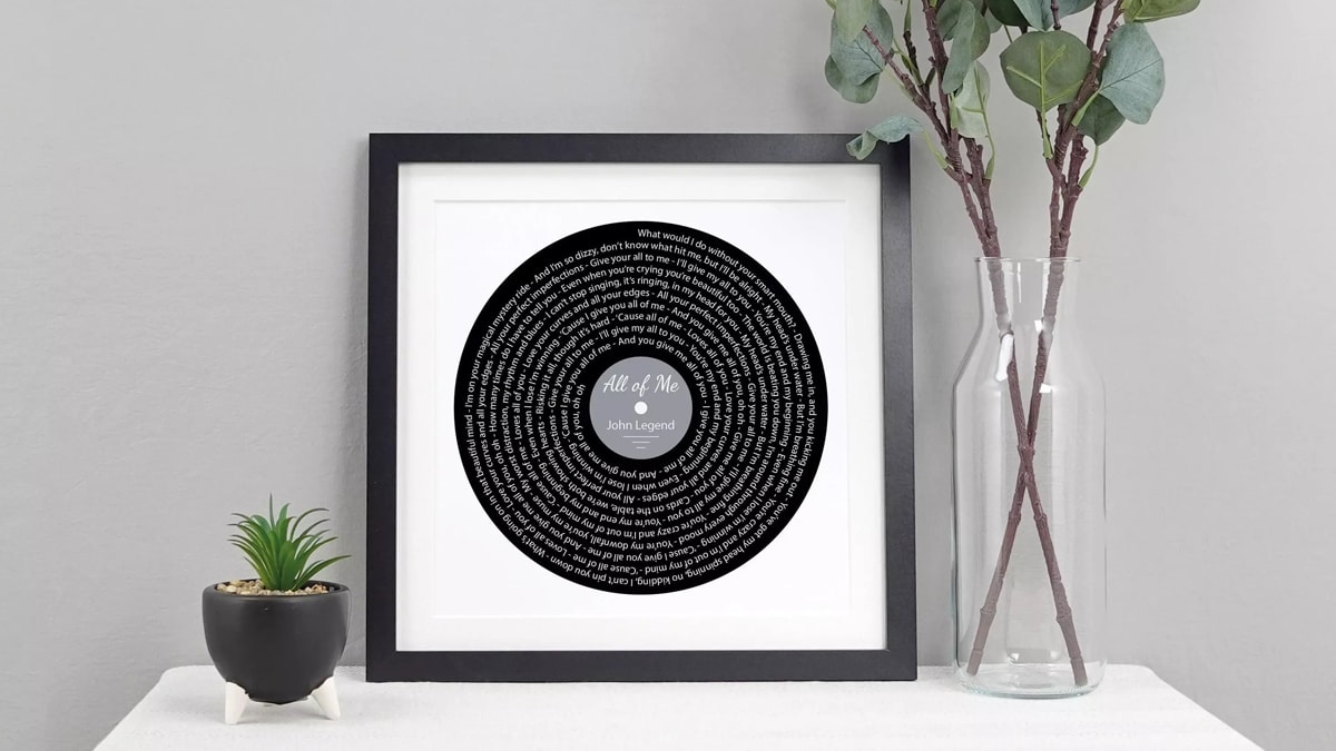 Song Lyrics On Record framed and placed on white table 