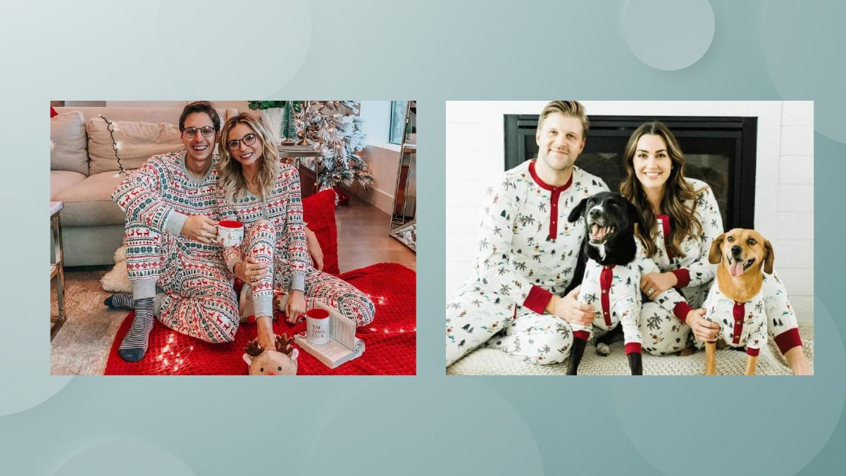 a couple with Christmas pajamas. 