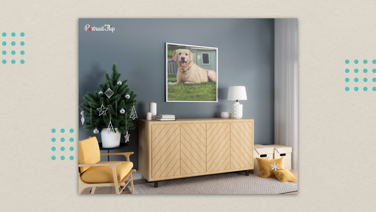 a dog portrait mounted on the living room wall